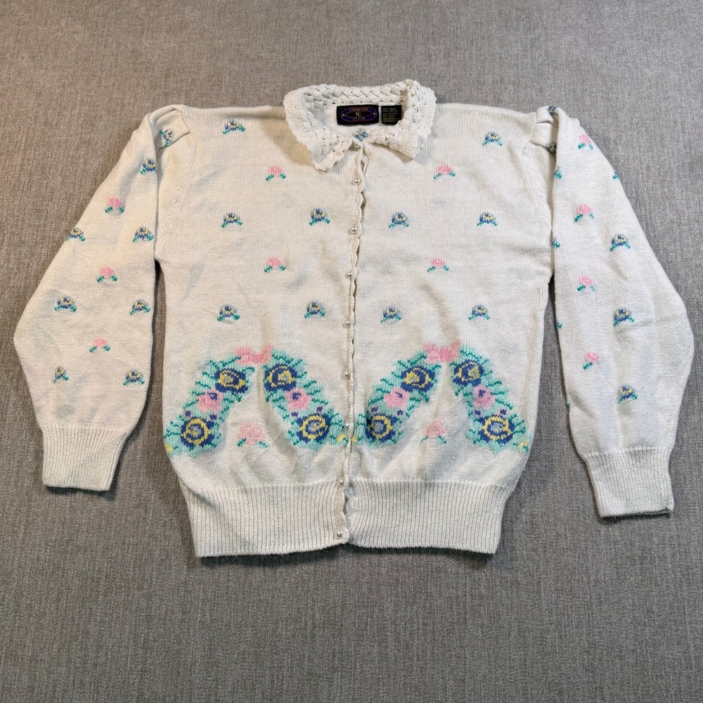 Vintage Charter Club Floral Cardigan Crochet Collar Pearl Button Cream Large